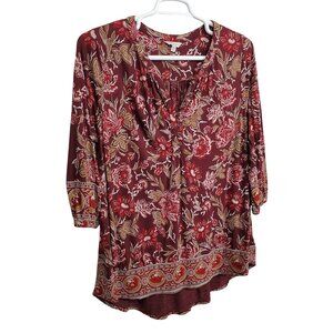 Lucky Brand Womens 1X Blouse Popover Burgundy Paisley Boho Tunic Top 3/4 Sleeve